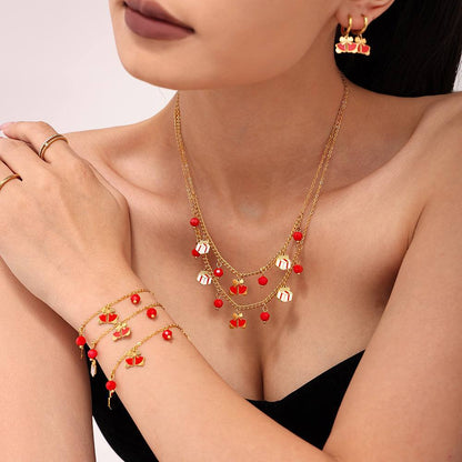Gold Plated Stainless Steel Double-Layer Bell & Apple Gift Necklace & Bracelet – Garnet Drop