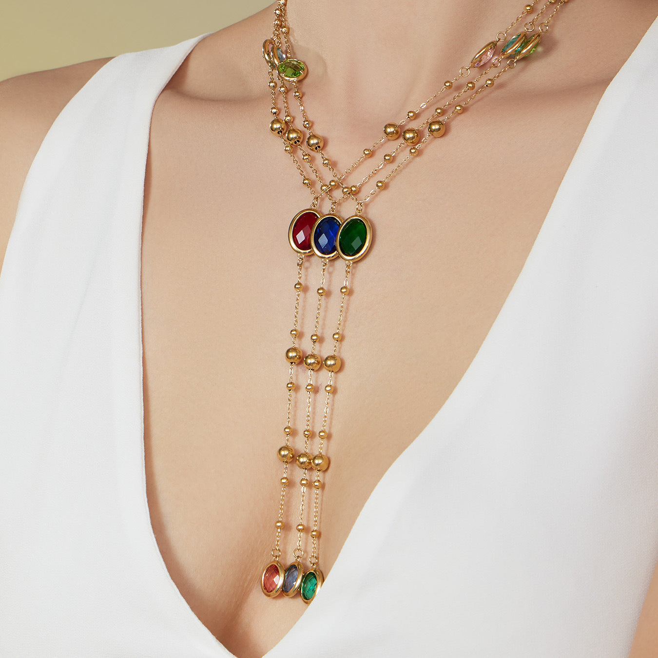 Stainless Steel Oval Gemstone Jewelry Series – Long Pendant Necklace · Bracelet · Drop Earrings | WANTI Jewelry