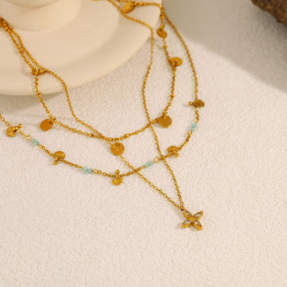 18K Gold Plated Titanium Steel Vintage Fan-Shaped, Round Disc, and Four-Leaf Clover Layered Necklaces | Stylish Fashion Jewelry