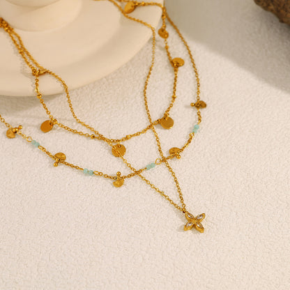 18K Gold Plated Titanium Steel Vintage Fan-Shaped, Round Disc, and Four-Leaf Clover Layered Necklaces | Stylish Fashion Jewelry