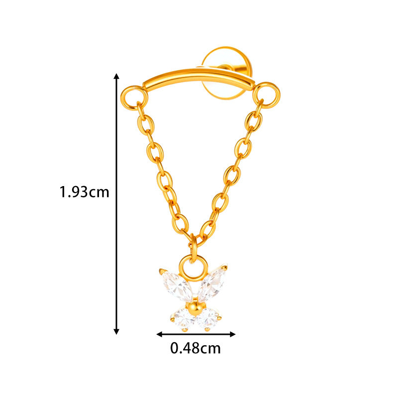 G23 Titanium Piercing with Butterfly, Heart, Star, and Chain Zircon Pendants – Threaded Flat-Top Lip & Cartilage Piercing Earring Jewelry