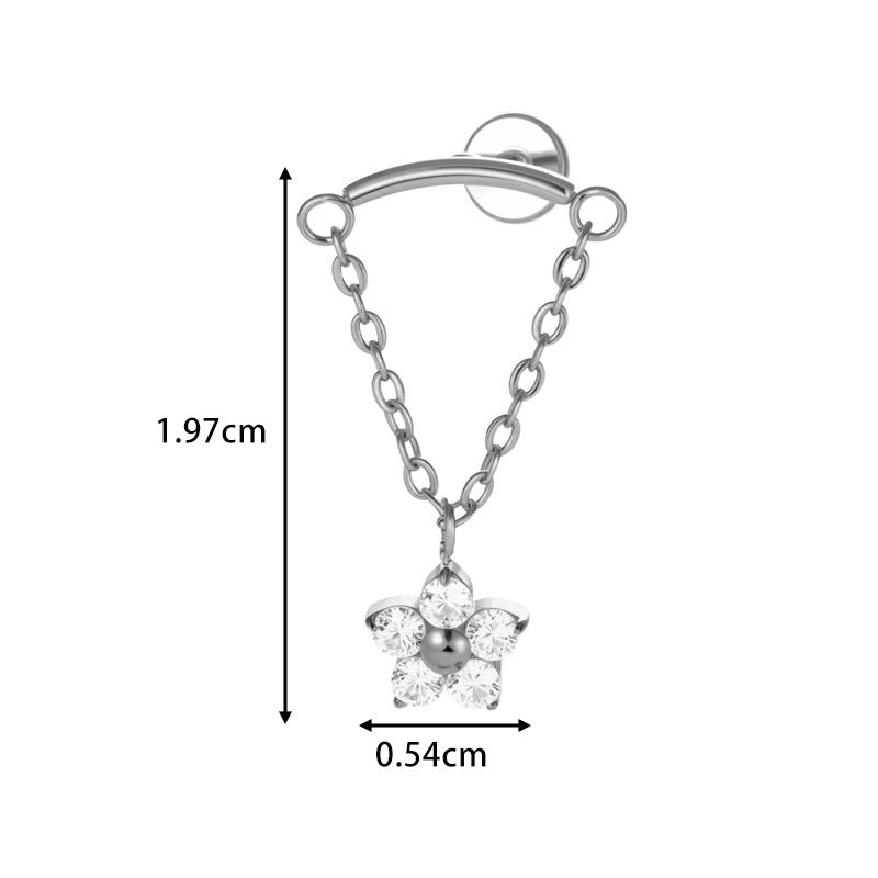 G23 Titanium Piercing with Butterfly, Heart, Star, and Chain Zircon Pendants – Threaded Flat-Top Lip & Cartilage Piercing Earring Jewelry