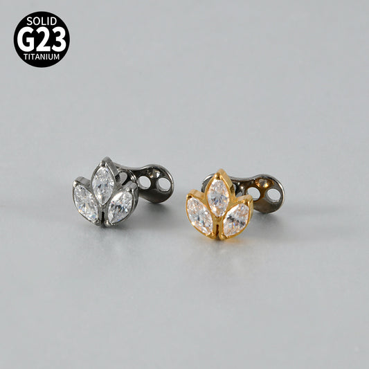 Gold Marquise CZ Triple Leaf Microdermal – ASTM F136 Titanium Collarbone & Cheek Surface Implant Jewelry