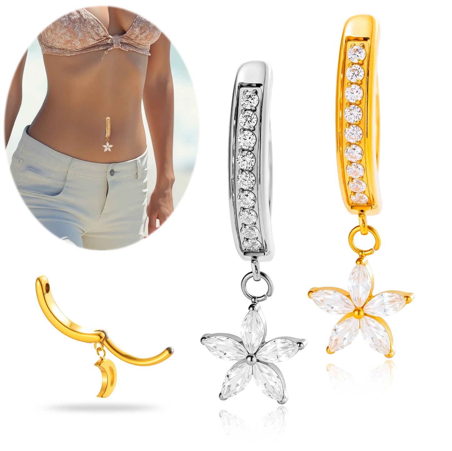 G23/F136 Titanium Marquise Zircon Flower Dangle Navel Ring | Hypoallergenic Non-threaded Belly Button Jewelry