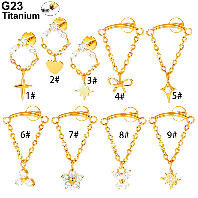 G23 Titanium Piercing with Butterfly, Heart, Star, and Chain Zircon Pendants – Threaded Flat-Top Lip & Cartilage Piercing Earring Jewelry