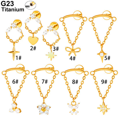 G23 Titanium Piercing with Butterfly, Heart, Star, and Chain Zircon Pendants – Threaded Flat-Top Lip & Cartilage Piercing Earring Jewelry