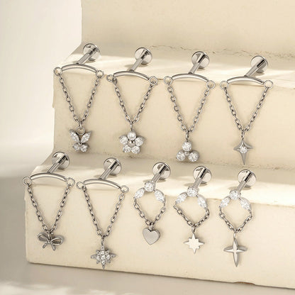 G23 Titanium Piercing with Butterfly, Heart, Star, and Chain Zircon Pendants – Threaded Flat-Top Lip & Cartilage Piercing Earring Jewelry