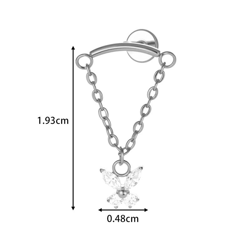 G23 Titanium Piercing with Butterfly, Heart, Star, and Chain Zircon Pendants – Threaded Flat-Top Lip & Cartilage Piercing Earring Jewelry