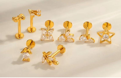 F136/G23 Titanium Star, Leaf, Flower, Fish, Bow Zircon Internally Threaded Labret & Cartilage Piercing Jewelry