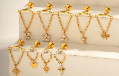 G23 Titanium Piercing with Butterfly, Heart, Star, and Chain Zircon Pendants – Threaded Flat-Top Lip & Cartilage Piercing Earring Jewelry