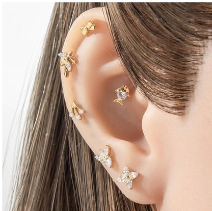 F136/G23 Titanium Star, Leaf, Flower, Fish, Bow Zircon Internally Threaded Labret & Cartilage Piercing Jewelry