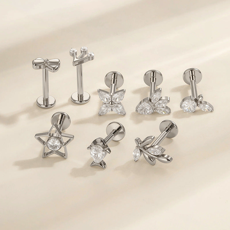 F136/G23 Titanium Star, Leaf, Flower, Fish, Bow Zircon Internally Threaded Labret & Cartilage Piercing Jewelry