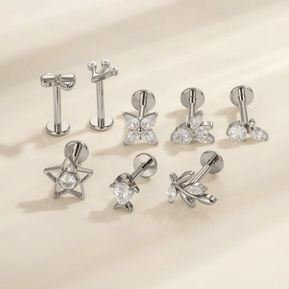 F136/G23 Titanium Star, Leaf, Flower, Fish, Bow Zircon Internally Threaded Labret & Cartilage Piercing Jewelry