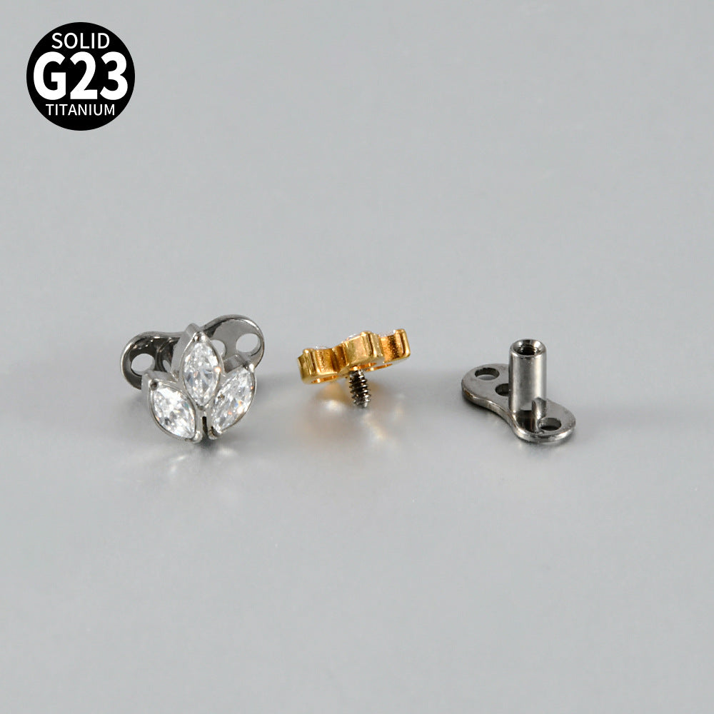 Gold Marquise CZ Triple Leaf Microdermal – ASTM F136 Titanium Collarbone & Cheek Surface Implant Jewelry