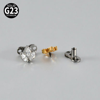 Gold Marquise CZ Triple Leaf Microdermal – ASTM F136 Titanium Collarbone & Cheek Surface Implant Jewelry