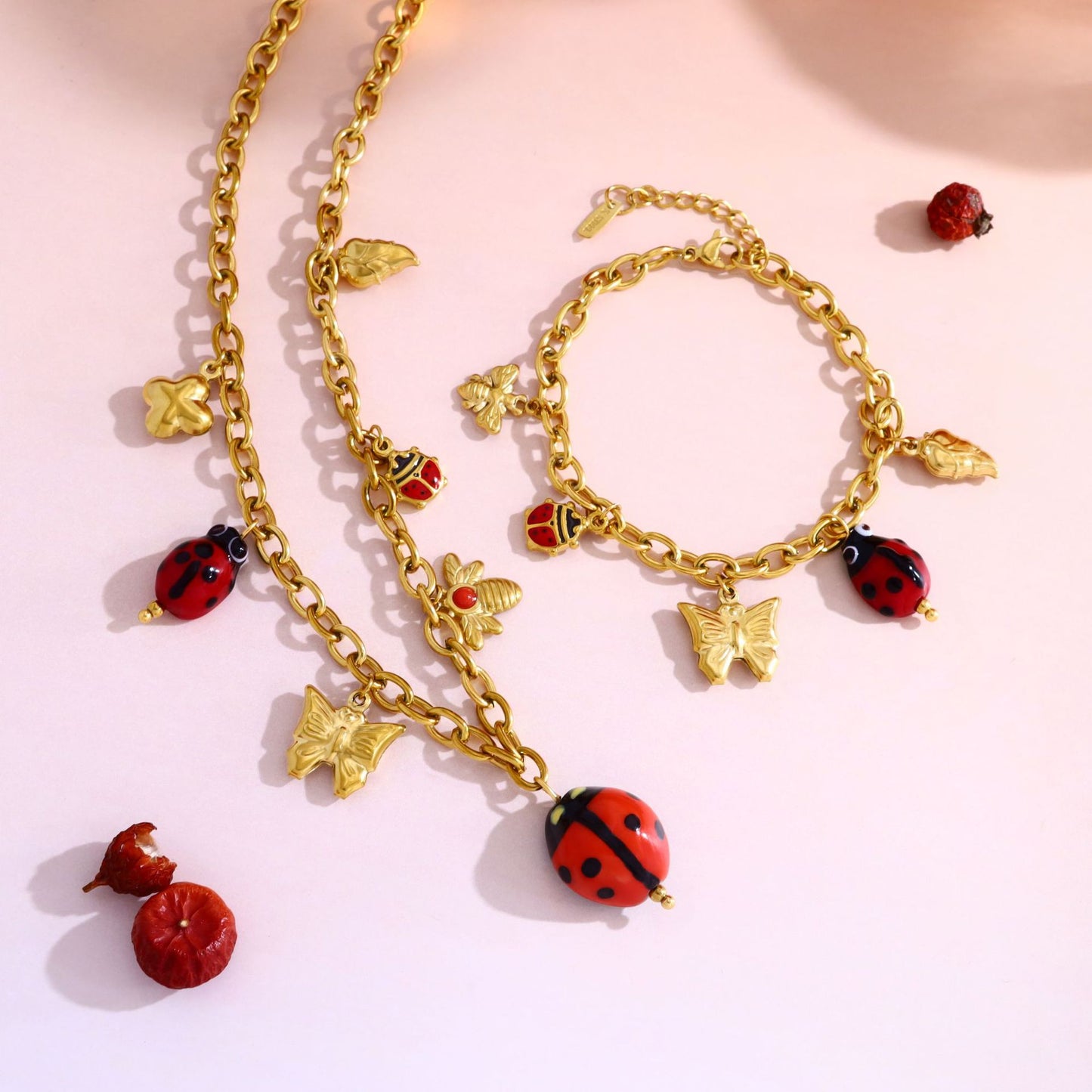 18K Gold Plated Titanium Steel Nature Insect Series Ladybug Butterfly Bee Pendant Necklace & Bracelet Set