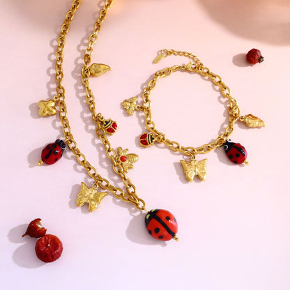 18K Gold Plated Titanium Steel Nature Insect Series Ladybug Butterfly Bee Pendant Necklace & Bracelet Set