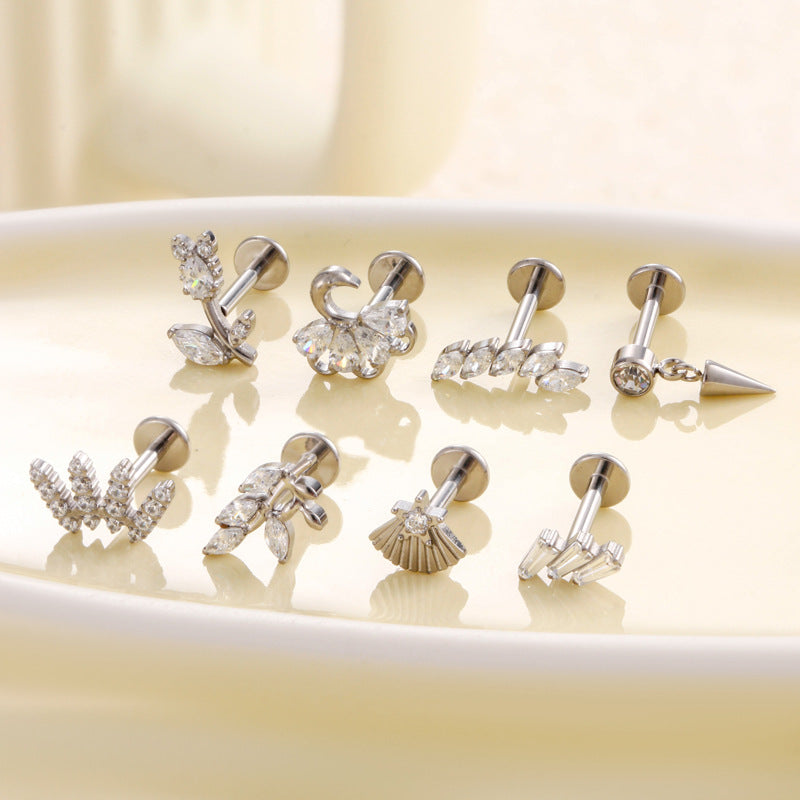 F136 Titanium Internally Threaded Cartilage Studs | Zircon Flower, Swan & Cone Lip Piercing Jewelry