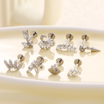F136 Titanium Internally Threaded Cartilage Studs | Zircon Flower, Swan & Cone Lip Piercing Jewelry