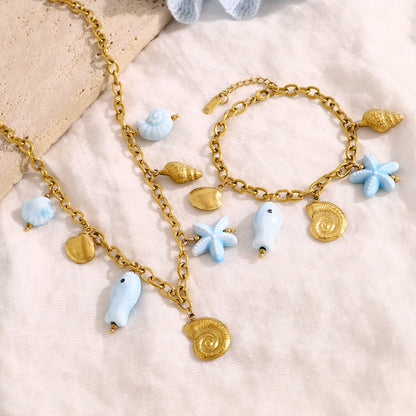 18K Gold Plated Stainless Steel Creative Ocean Style Starfish, Shell, and Seahorse Pendant Necklace & Bracelet Set