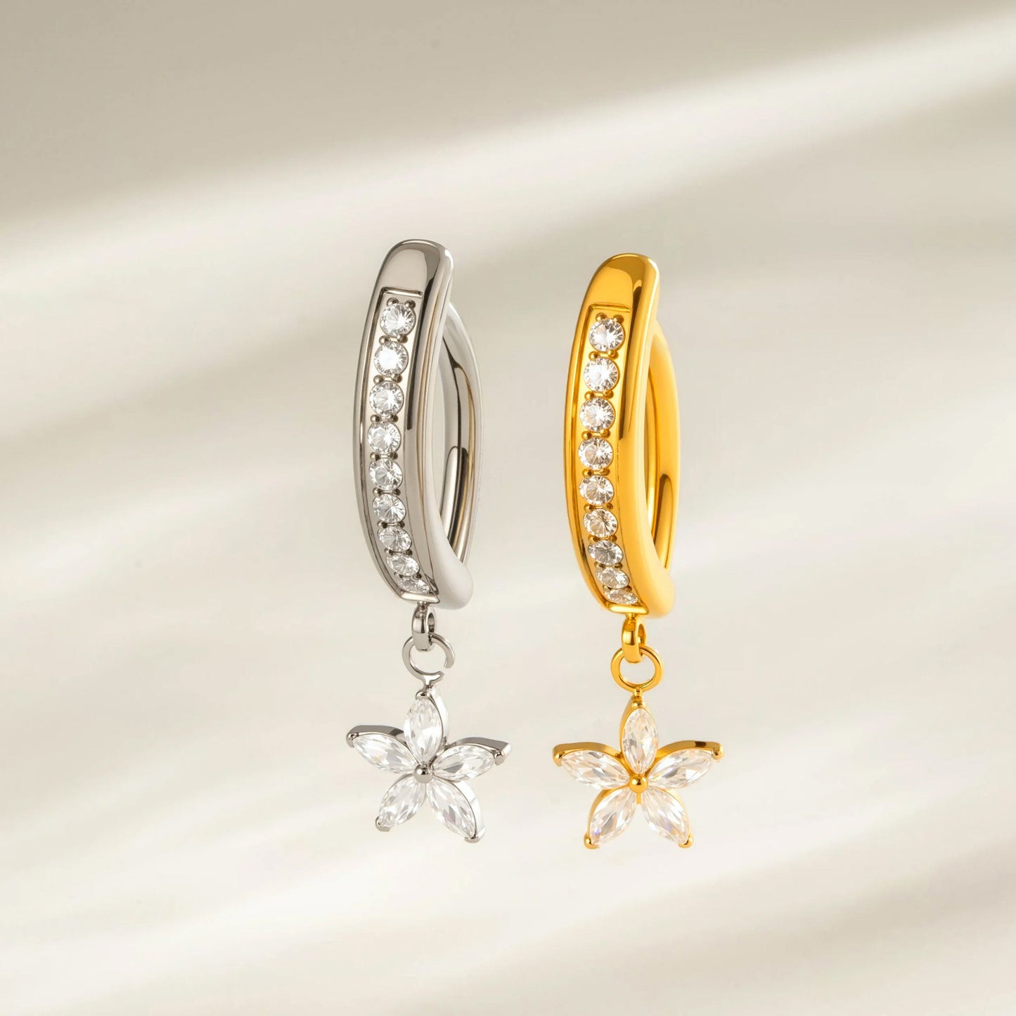 G23/F136 Titanium Marquise Zircon Flower Dangle Navel Ring | Hypoallergenic Non-threaded Belly Button Jewelry