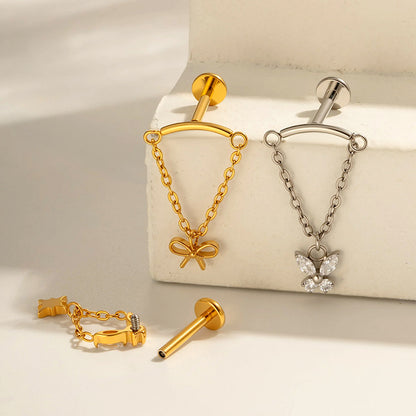 G23 Titanium Piercing with Butterfly, Heart, Star, and Chain Zircon Pendants – Threaded Flat-Top Lip & Cartilage Piercing Earring Jewelry