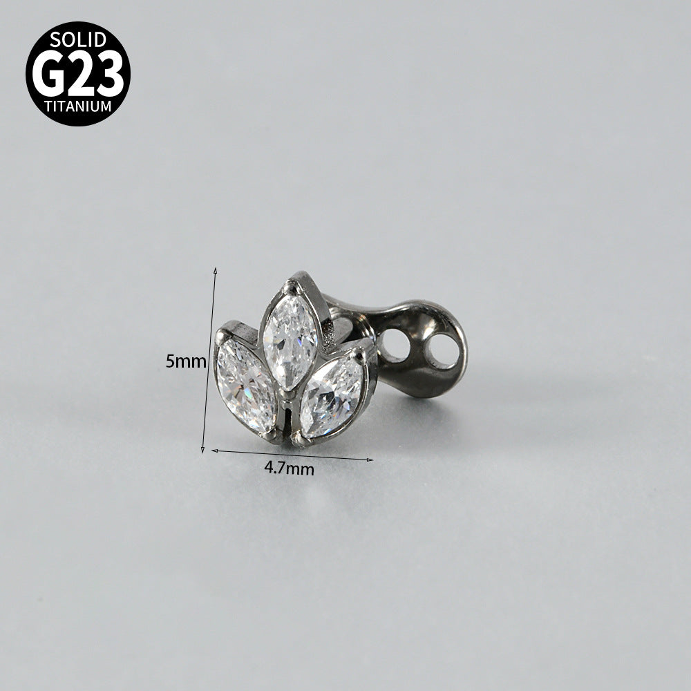 Gold Marquise CZ Triple Leaf Microdermal – ASTM F136 Titanium Collarbone & Cheek Surface Implant Jewelry