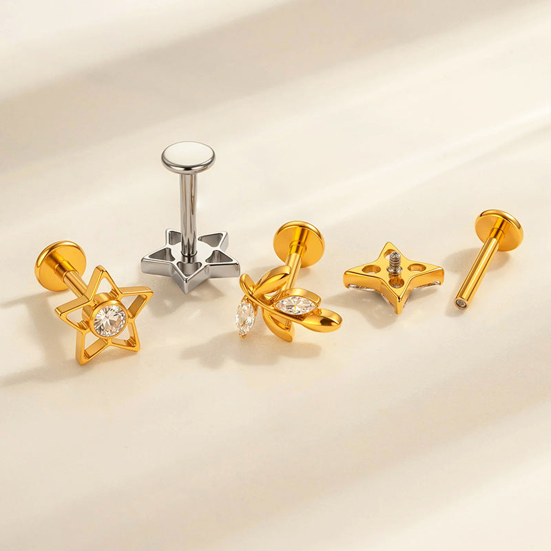 F136/G23 Titanium Star, Leaf, Flower, Fish, Bow Zircon Internally Threaded Labret & Cartilage Piercing Jewelry