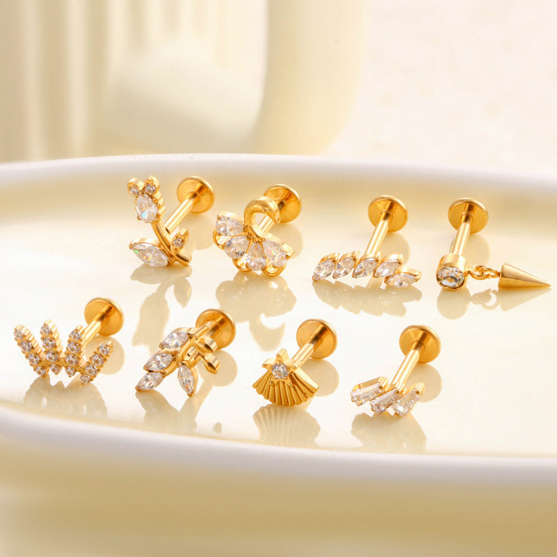 F136 Titanium Internally Threaded Cartilage Studs | Zircon Flower, Swan & Cone Lip Piercing Jewelry