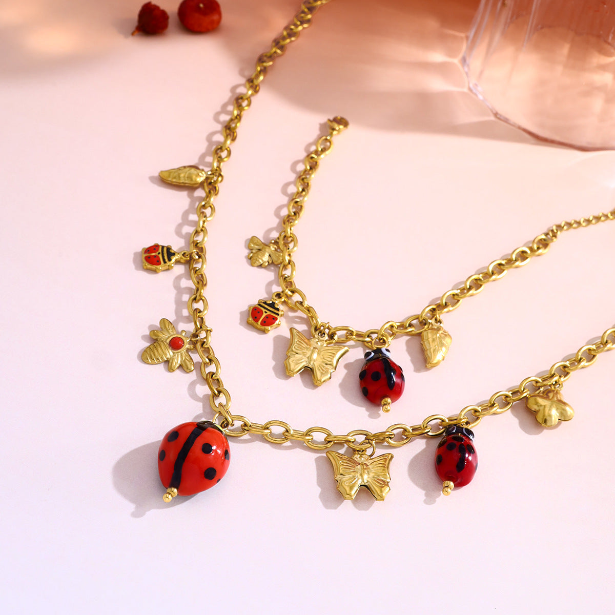 18K Gold Plated Titanium Steel Nature Insect Series Ladybug Butterfly Bee Pendant Necklace & Bracelet Set