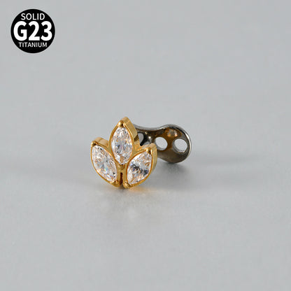Gold Marquise CZ Triple Leaf Microdermal – ASTM F136 Titanium Collarbone & Cheek Surface Implant Jewelry