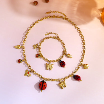18K Gold Plated Titanium Steel Nature Insect Series Ladybug Butterfly Bee Pendant Necklace & Bracelet Set