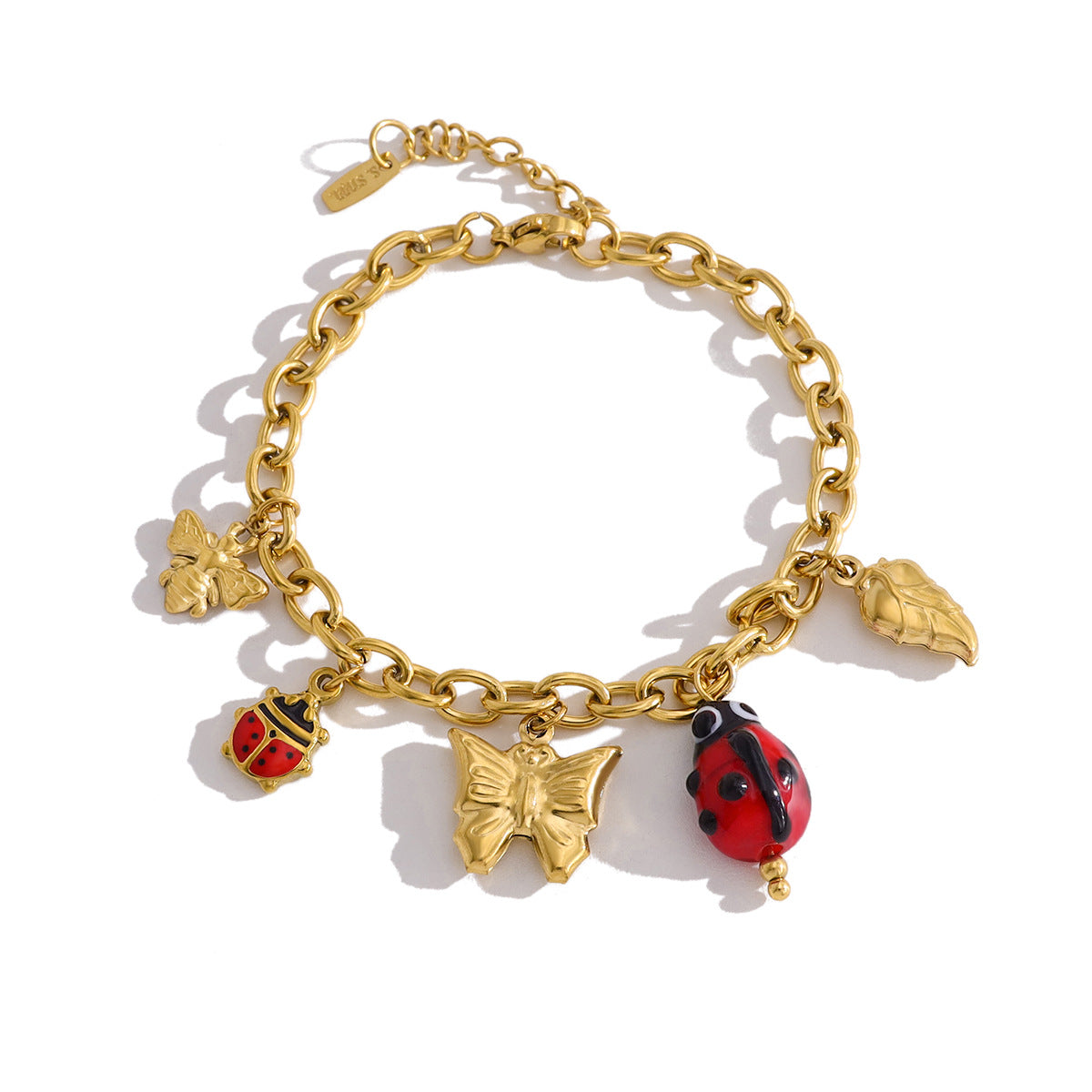 18K Gold Plated Titanium Steel Nature Insect Series Ladybug Butterfly Bee Pendant Necklace & Bracelet Set