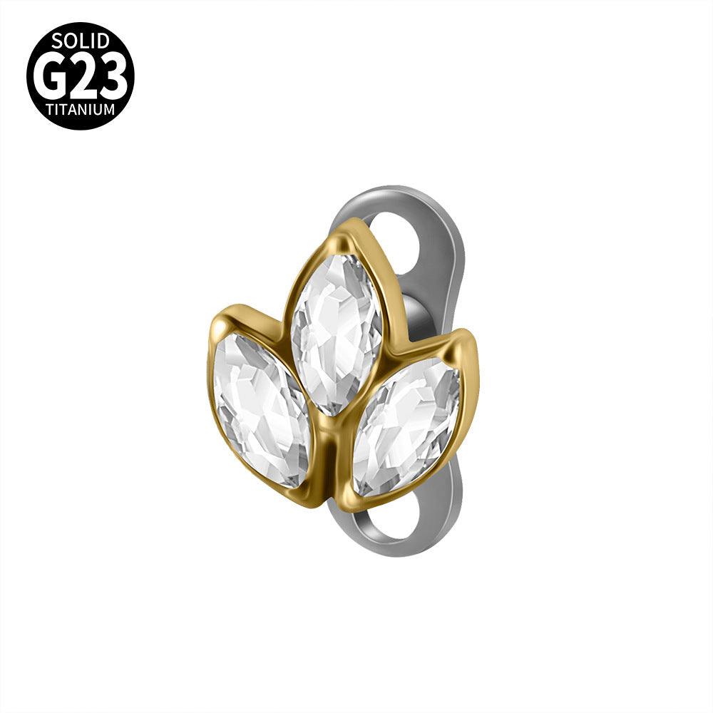 Gold Marquise CZ Triple Leaf Microdermal – ASTM F136 Titanium Collarbone & Cheek Surface Implant Jewelry