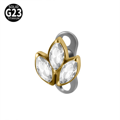 Gold Marquise CZ Triple Leaf Microdermal – ASTM F136 Titanium Collarbone & Cheek Surface Implant Jewelry