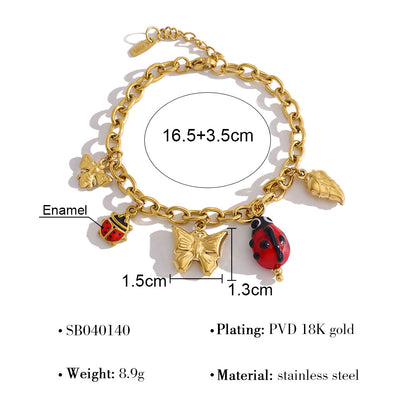 18K Gold Plated Titanium Steel Nature Insect Series Ladybug Butterfly Bee Pendant Necklace & Bracelet Set