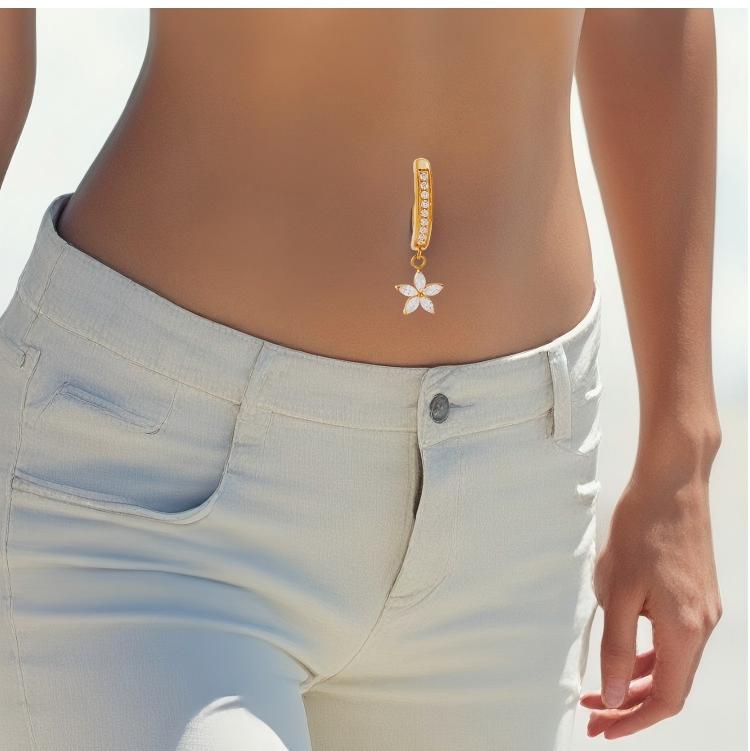 G23/F136 Titanium Marquise Zircon Flower Dangle Navel Ring | Hypoallergenic Non-threaded Belly Button Jewelry