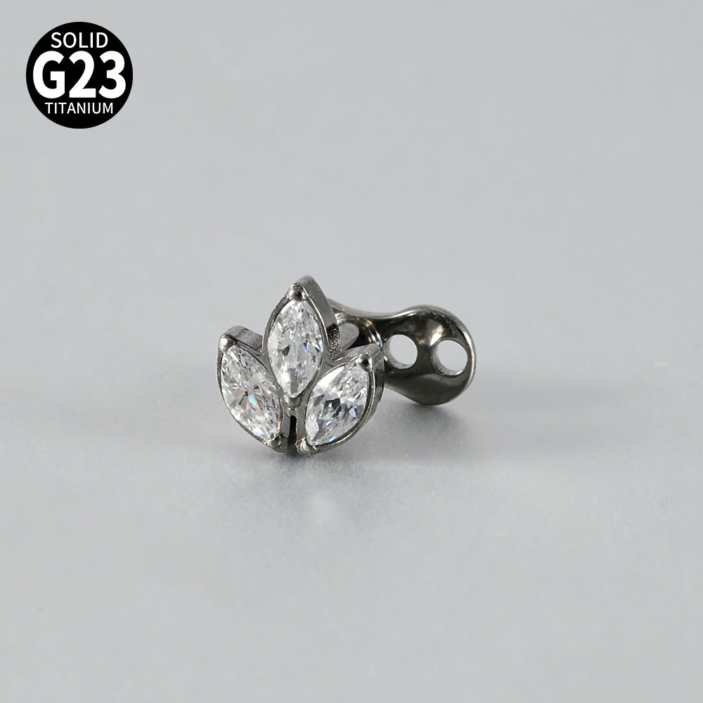 Gold Marquise CZ Triple Leaf Microdermal – ASTM F136 Titanium Collarbone & Cheek Surface Implant Jewelry
