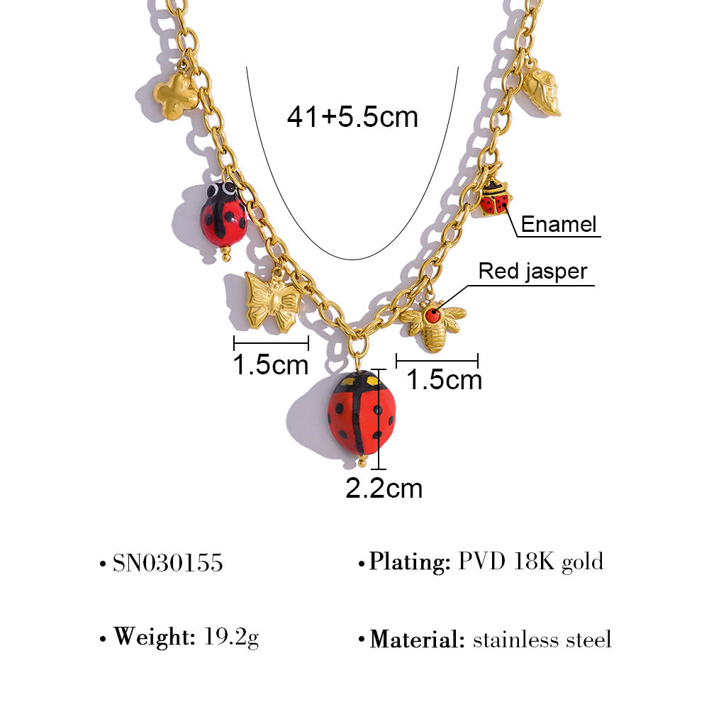 18K Gold Plated Titanium Steel Nature Insect Series Ladybug Butterfly Bee Pendant Necklace & Bracelet Set