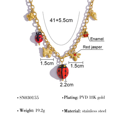 18K Gold Plated Titanium Steel Nature Insect Series Ladybug Butterfly Bee Pendant Necklace & Bracelet Set