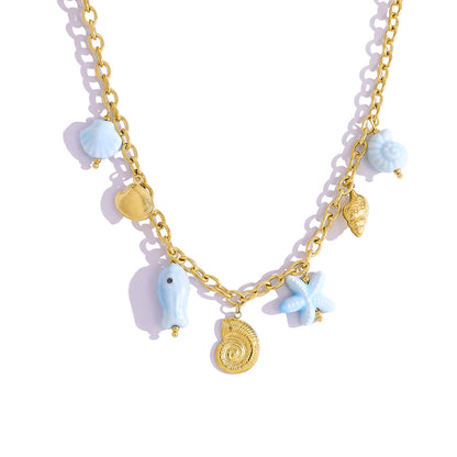 18K Gold Plated Stainless Steel Creative Ocean Style Starfish, Shell, and Seahorse Pendant Necklace & Bracelet Set
