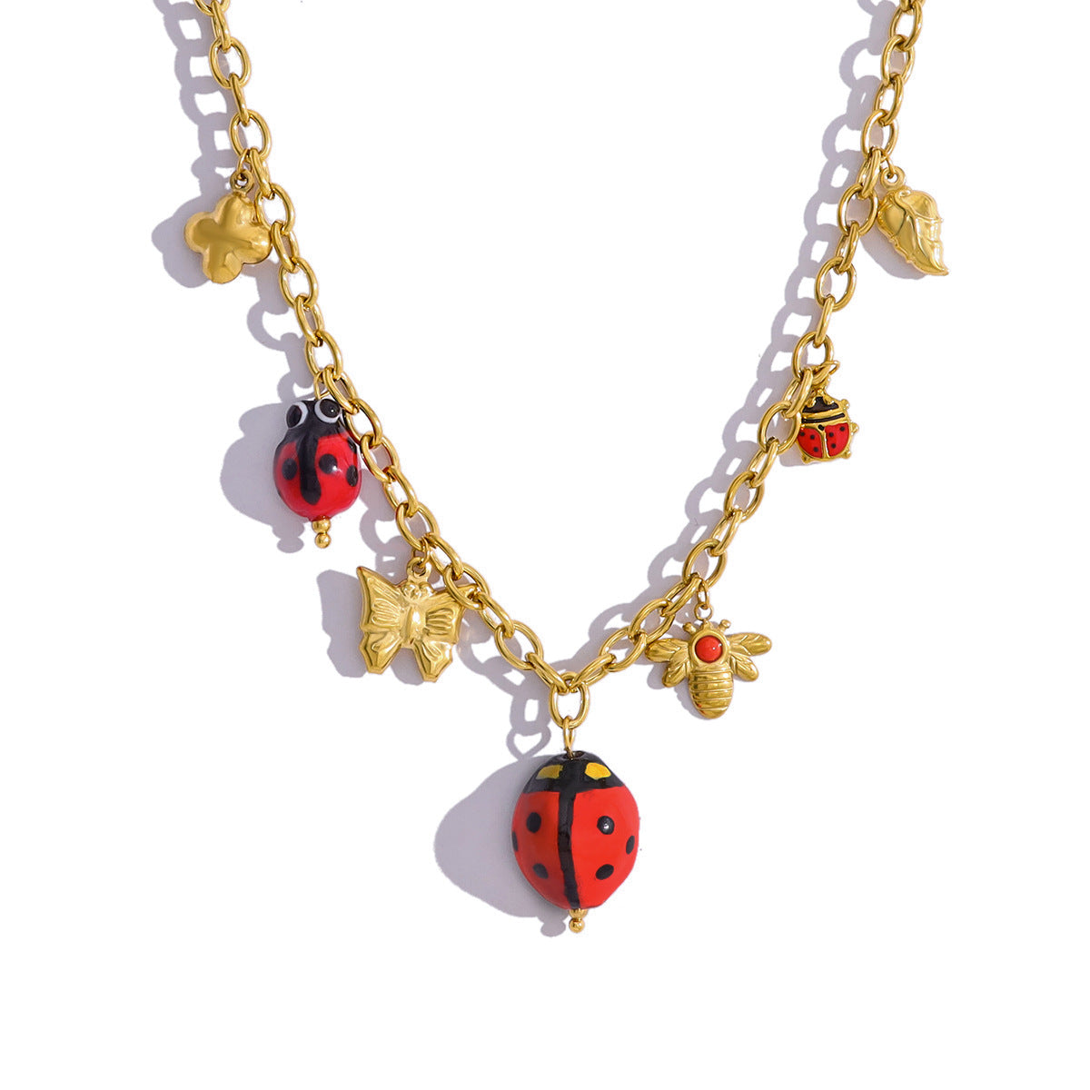 18K Gold Plated Titanium Steel Nature Insect Series Ladybug Butterfly Bee Pendant Necklace & Bracelet Set