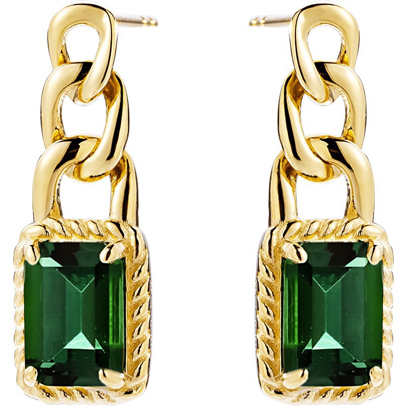 14K Gold Rectangular Emerald Twisted Cuban Chain Earrings（Pair）