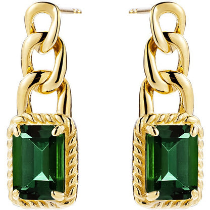 14K Gold Rectangular Emerald Twisted Cuban Chain Earrings（Pair）