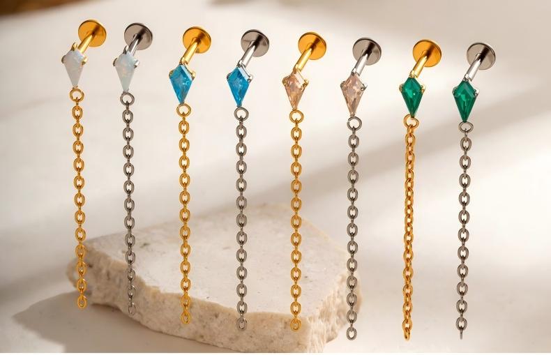 Implant Grade ASTM G23/F136 Titanium Threadless Tassel Chain Diamond Geometric Zircon Stud | Helix Cartilage Lip Piercing Jewelry