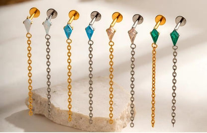 Implant Grade ASTM G23/F136 Titanium Threadless Tassel Chain Diamond Geometric Zircon Stud | Helix Cartilage Lip Piercing Jewelry