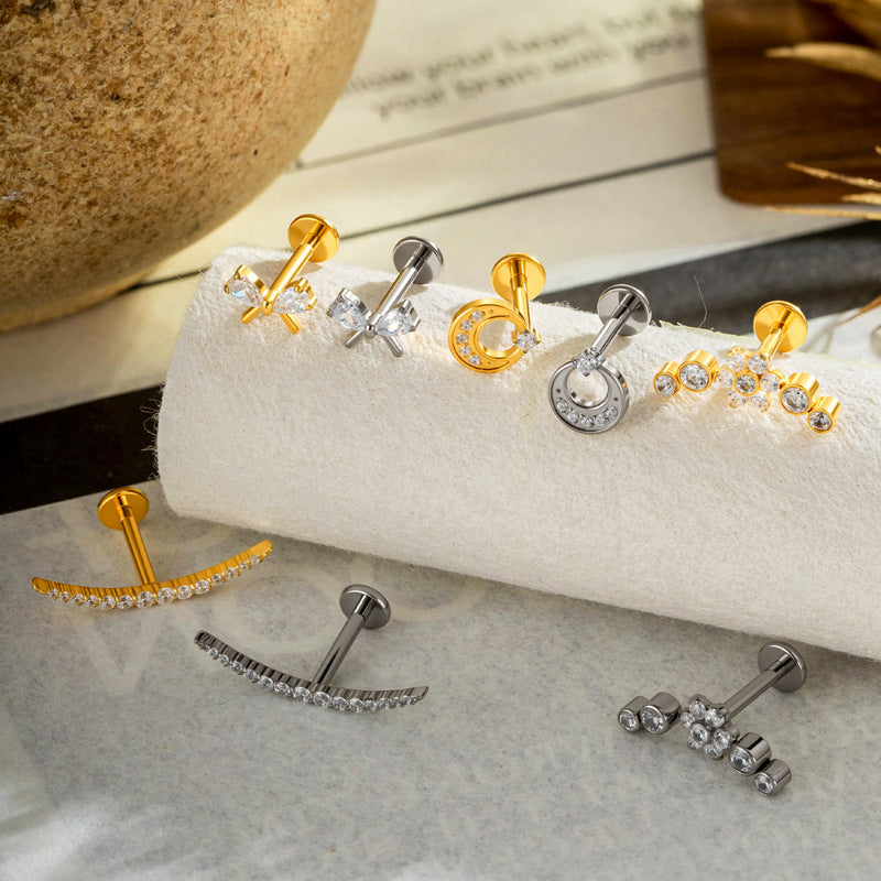 Implant Grade G23 Titanium Cartilage Stud Geometric CZ | Internal Thread 16G Helix Tragus Flat Back Earring