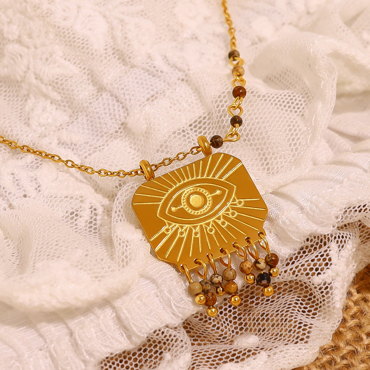 18K Gold Plated Titanium Steel Natural Stone Pendant Necklace (Vintage Style)