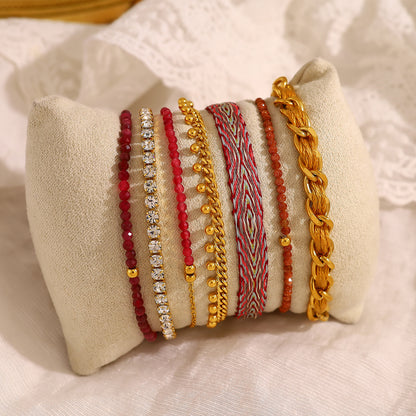 18K Gold Plated Stainless Steel Beaded Layered Bracelet Collection – Crystal, Amethyst & Gold Sandstone Chain Jewelry for Women