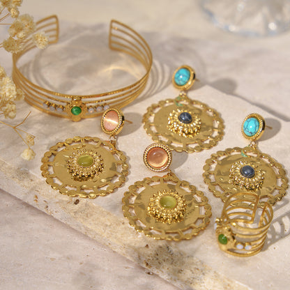 Natural Stone Floral Hoop Earrings – Stainless Steel Turquoise & Opal Drop Earrings for Women